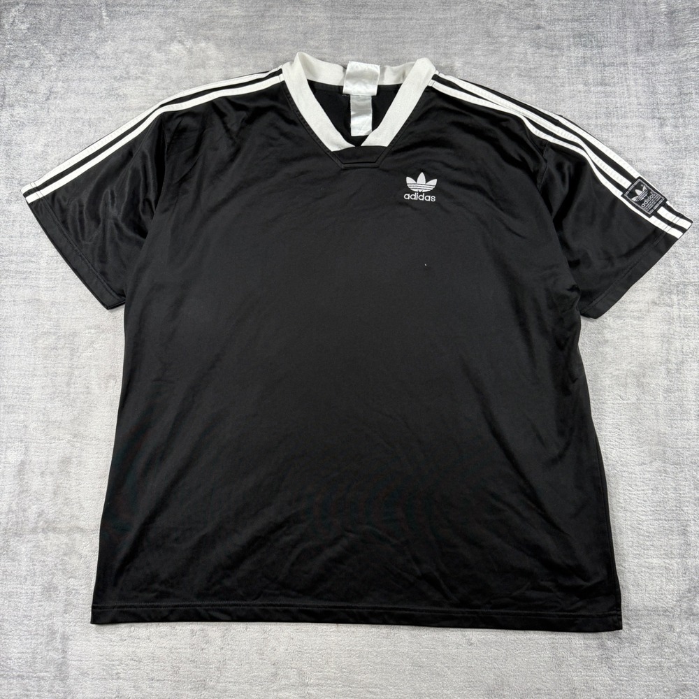 Adidas Shirt Mens XL Black Vintage V Neck Trefoil Logo 3 Stripe Shinny Soccer